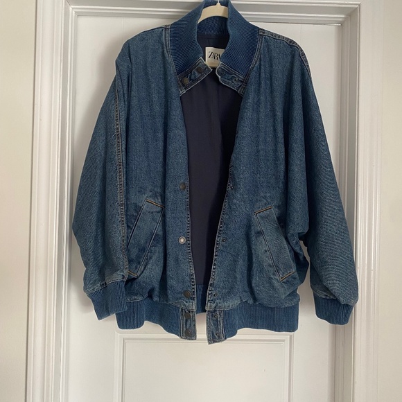 Zara Jackets & Blazers - NWOT Zara ZW Dark Blue Denim Oversized Bomber Button Up Jacket Women XL